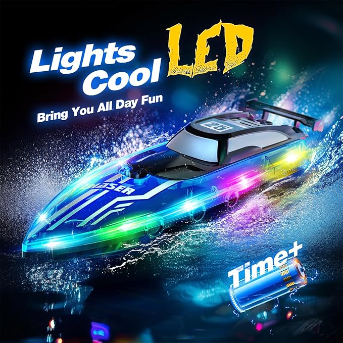 RC Boat  with LED Lights, 2.4Ghz Remote Control Racing Boats ,Toy Water Boat for Pools & Lakes with W Battery, for Boys Girls Blue waterproof, Rechargeable