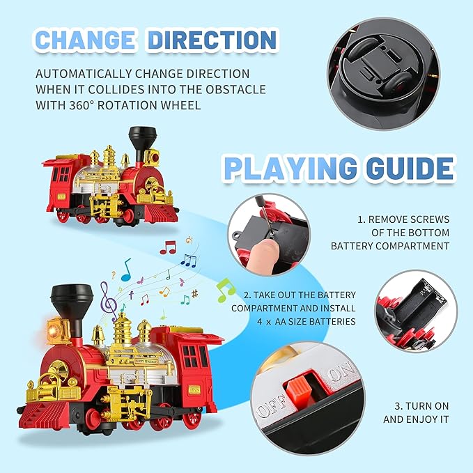 Train Toy , Bump & Go Trucks Locomotive Electric Steam Engine with Smoke, Light & Sound, Toddler Toy Trucks for Boys Ideal Gift