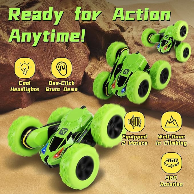 Threeking RC Stunt Cars Remote Control Car Double-Sided Driving 360-degree Flips Rotating Car Toy, Green